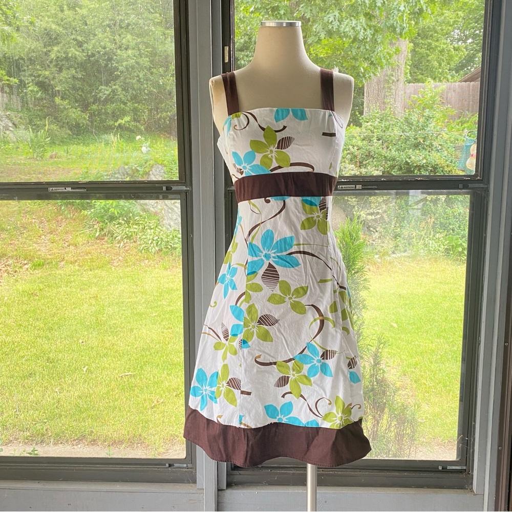 VTG Floral Tropical Mini Dress Sundress Fit Flare Empire Waist Green Brown Blue